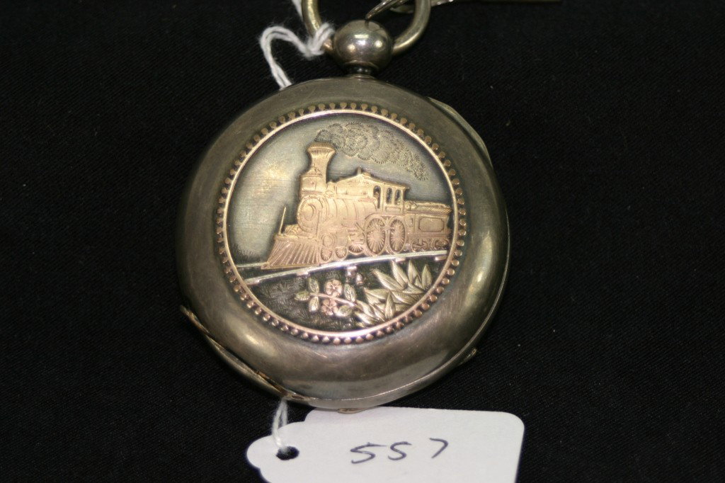 American Waltham W. Co. locomtive pocket watch: Dueber coin silver back, serial # 354544, 2 keys and rose gold locomotive
