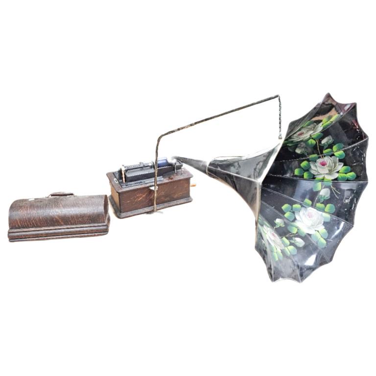 Edison Home Antique Oak Record Player Cylinder Pho: An Edison Home Phonograph plays cylinder records well Quarter sawn oak case & cover comes with horn Horn size is 32" long by 22" wide (approx.)