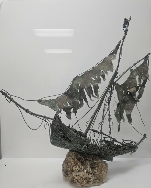 Jim Lewk Copper Coral Shipwreck Sculpture Signed: Large signed copper shipwreck sculpture mounted on coral. Signed J. Lewk on rudder. Measures approx. 34" x 41" x 12"