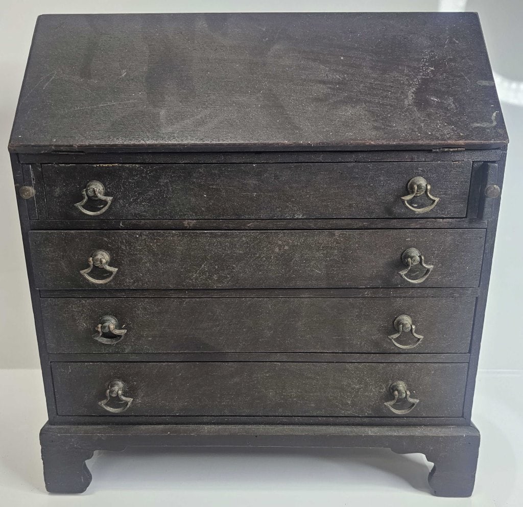 Antique Miniature Chippendale Secretary Desk: Secretary Desk Miniature or Salesman Sampler complete with original handles and is in good condition for its age. Has wear commensurate with its age and has one repair on the front right facing leg as