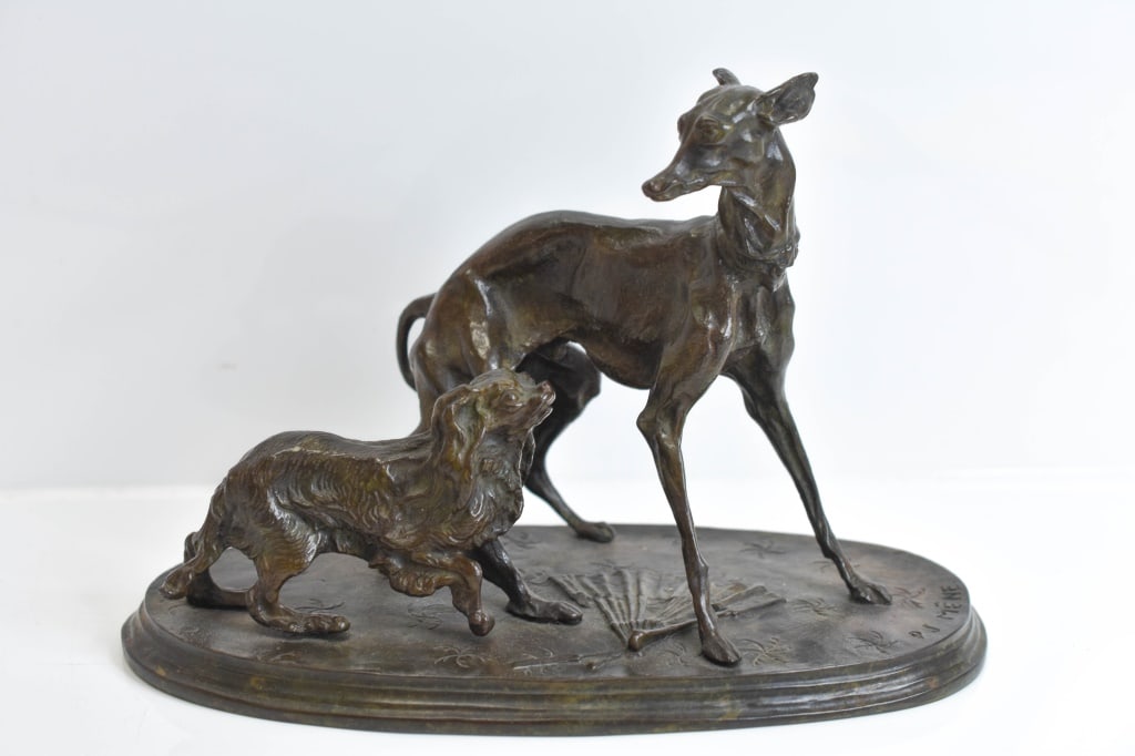 Pierre Jules MÃªne (French, 1810-1879) Bronze: Pierre Jules MÃªne (French, 1810-1879) Greyhound, Patinated Bronze, signed on base "P.J. Mene", 6-5/8 x 9-7/8 in