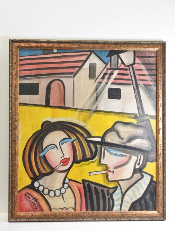 Hugo Scheiber Oil on Canvas: Hugo Scheiber oil on canvas, couple smoking under streetlight, viewable measures approx. 27 x 23