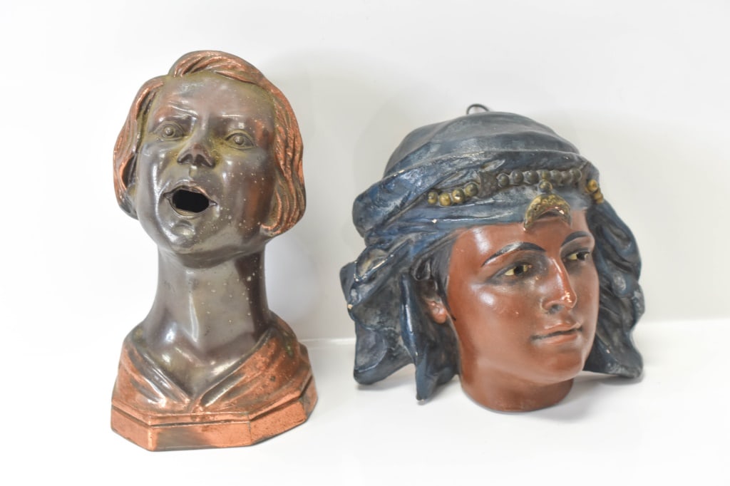 Antique Cold Painted Figural Bank & Chalk Head: Antique Bust/Bank and Plaster head of native figure, largest measuring approx: 4" x 4" x 7.5"