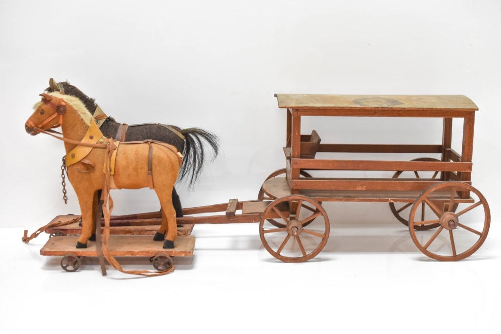 Antique Miniature Horse Drawn Wagon Pull Toy: Antique realistic minature felt toy horses and wood wagon pull toy. Most probably S.A. Smith Vermont One horse is missing tail, but the wagon train set is complete with the wagon, original wheels, and