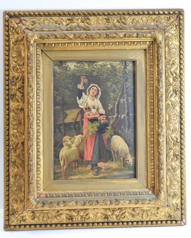 Antique Woman Feeding Lambs Oil on Board: Gold gilt carved frame, viewable image measures 9.5" x 13.5" and approx. 21" x 25" including frame, some damage or missing parts to frame. Signed lower right, signature illegible.