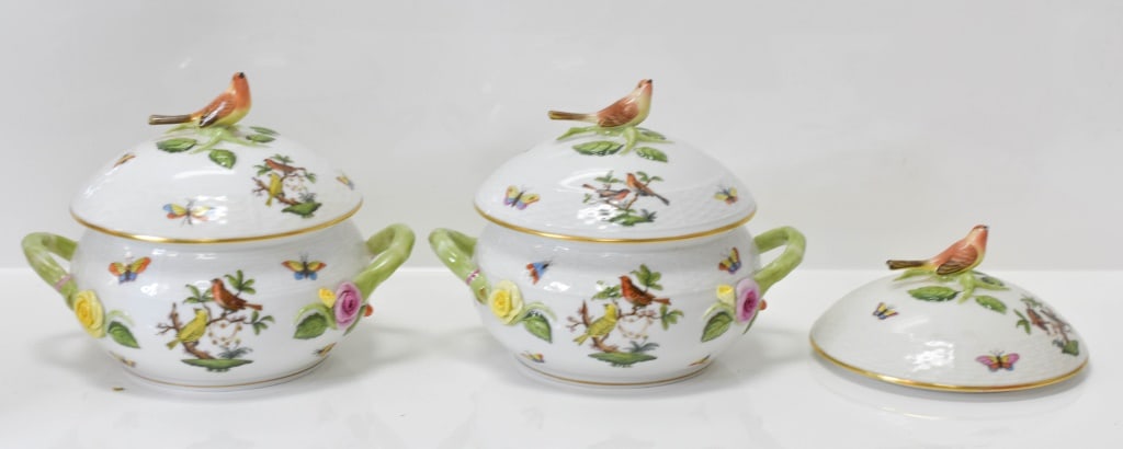 Herend Rothschild Tureens: Herend Mini Tureen Pair, appear to be in excellent condition with no apparent chips, cracks, breaks, or repairs. each measures approx. 7.5" x 6" x 6". The birds beak is chipped on the small odd lid. A