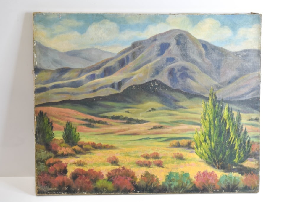 Raymond Temple Southwest mountain landscape: Oil and canvas , Sign lower left and rear, viewable image 20x25 okay so how did you put that on es