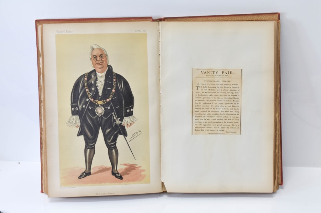 Book- "Vanity Fair Cartoons," 19th C. Album: large collection of approximately 95 chromolithographs, from Vanity Fair. Covers and spine show usage. See photos. Okay Measures approximately 14 1/2 x 10 in.