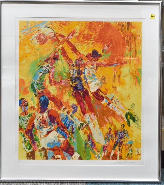 LeRoy Neiman NBA Superstars Original Serigraph: Leroy Neiman (American 1921-2012) Artist proof. Dr. J and the NBA super stars. Scene took place at Milwaukee's Mecca, includes Dr. J. Kareem Abdul-Jabbar, Willis Reed, and others. signed in pencil low
