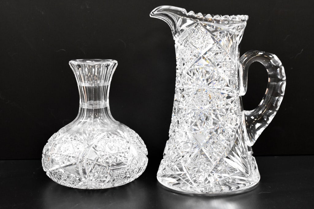 Dorflinger Family Cut Glass Collection: American Brilliant Period cut glass crystal water pitcher and decanter from the Dorflinger Family Cut Glass Collection. Pitcher measures 10 inches tall, decanter measures 7 1/2 inches tall. Provenance