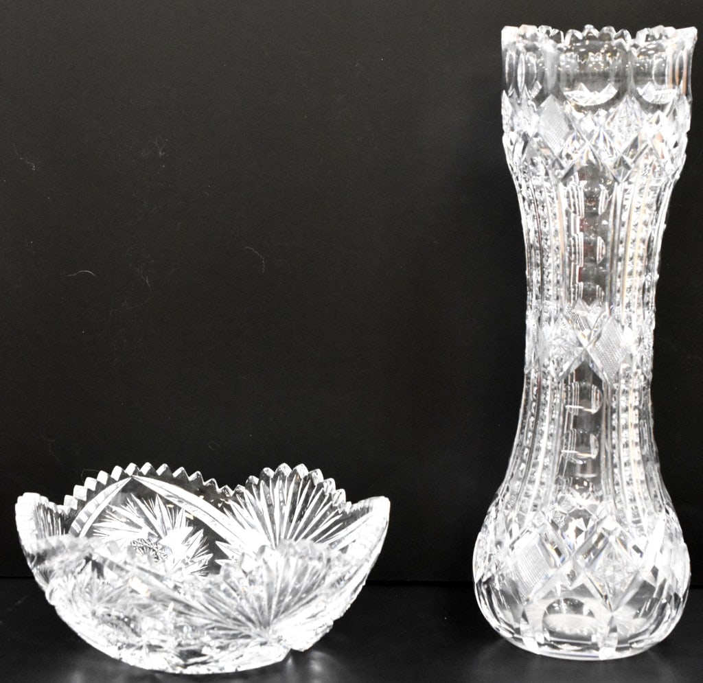 Dorflinger Family Cut Glass Collection: American Brilliant Period cut glass crystal vase and cut glass crystal bowl from the Dorflinger Family Cut Glass Collection. Vase measures 13 1/2 inches tall. Bowl measures 8 inches in diameter. Prove