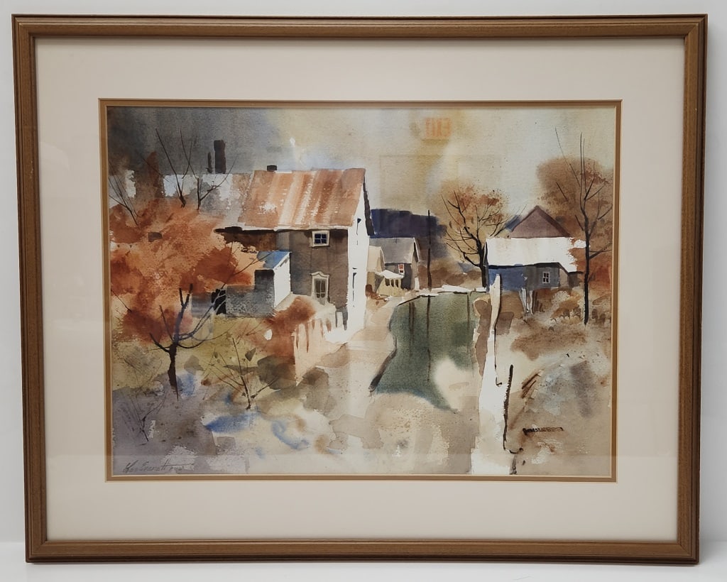Lee Everett PWS; Town Scene Watercolor Painting: Lee Everett, PWS [Pennsylvania Watercolor Society]; Fall Town Scene Watercolor Painting. Signed, framed and matted. Well listed American Artist. Lee Everett (20/21st century) is active/lives in Pennsy