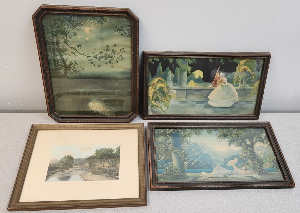 Maxfield Parrish, Wallace Nutting Prints: Includes 4 vintage prints; Maxfield Parrish print, Wallace Nutting print, Shadowland Moonlight print, 1925 Borin Chicago Mfg Co Loves Siesta print. Largest measures 15 1/2 x 11 1/2 inches.
