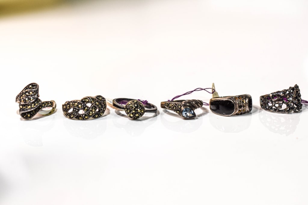 6 Sterling and Marcasite Rings: Weighs approx. 0.70 ozt total. sterling, including stones