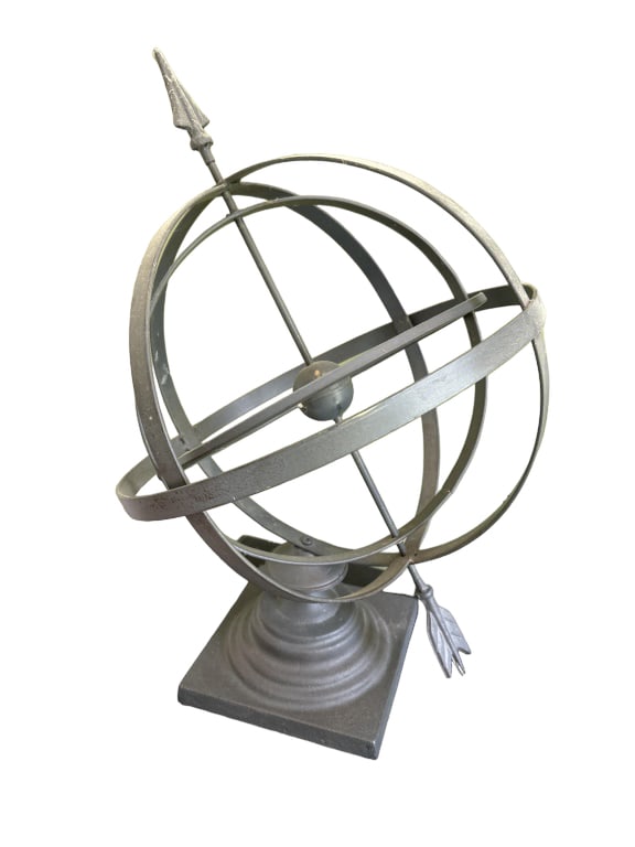 Globe & Arrow Topiary: Measures about 13 inches across about 23 inches high made of metal, inner parts spin Provenance: From the estate of a New York banker, Winwood, The Guggenheim Estate, Upper Black Eddy, Pennsylvania. A