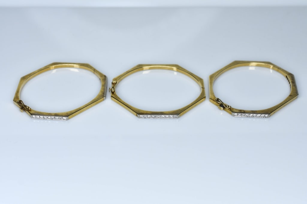 Set of 3 14k Gold and Diamond Bangle Bracelets (1 of 4)