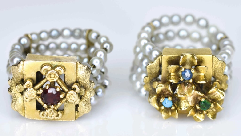 Two Victorian Style 14k Gold & Pearl Strand Rings (1 of 2)