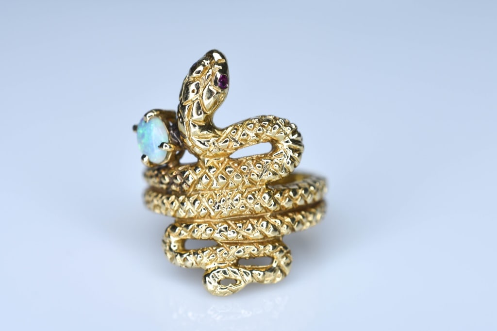 14K Gold & Opal Coiled Snake Bypass Ring (1 of 4)