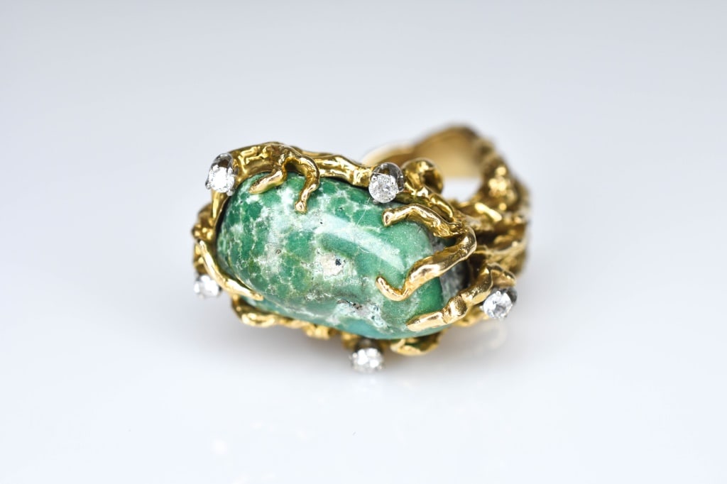 14k Gold & Diamond Chunky Turquois, Brutalist Ring (1 of 9)