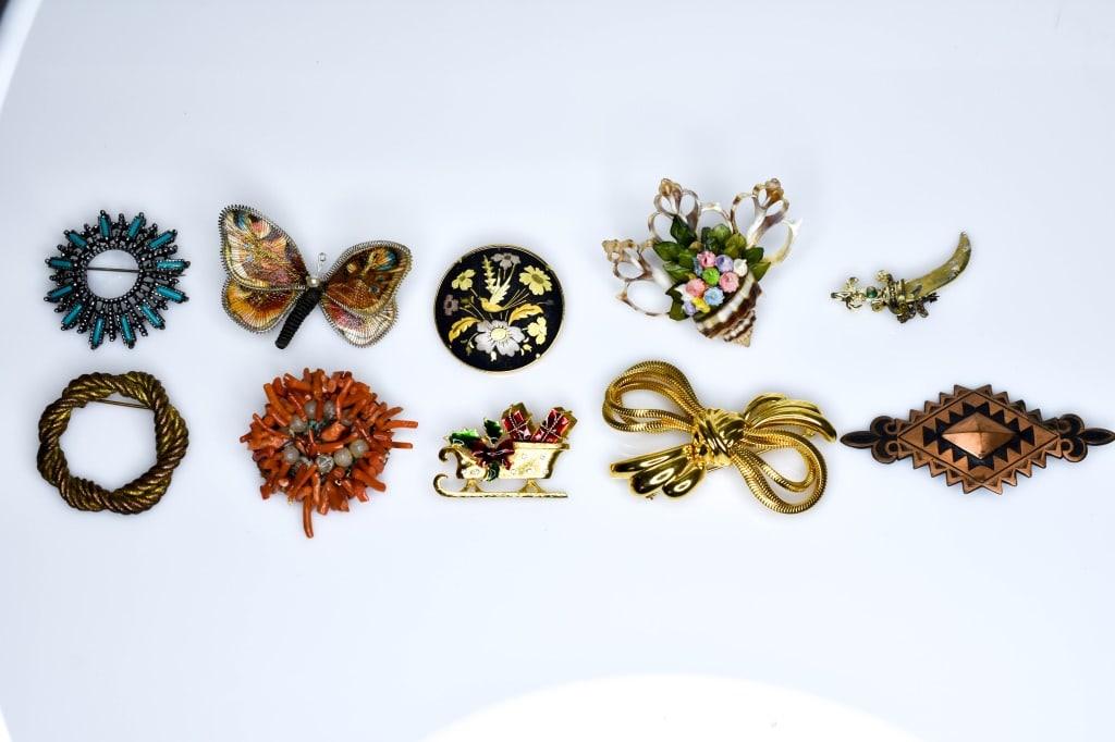 10 Costume Brooches: Including Monet, NYT, coral branch bead and others