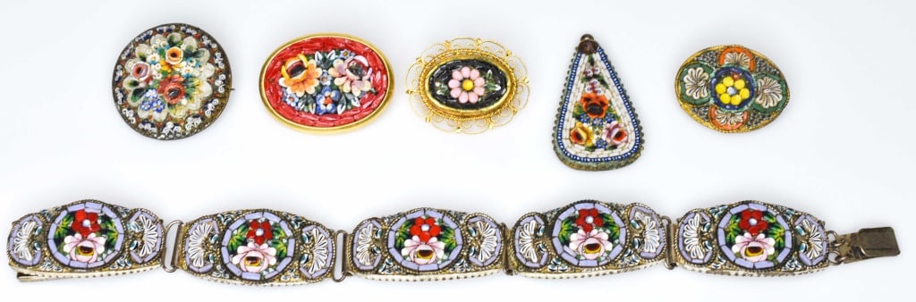 Mosaic Jewely Including Bracelet, Pendant and 4 Br: One brooch marked sterling, some loss.