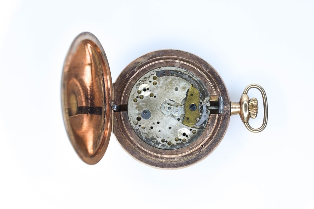 Hunting Pocket Watch Case with Partial Movement: Gold-filled hunting cae with Belco Watch Co Swiss movement, no dial, 15 Jewels, size 14, Nawco Security case 7102083