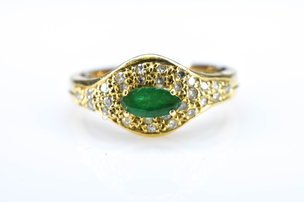 18k Yellow Gold Marquis Emerald & Diamond Ring (1 of 4)