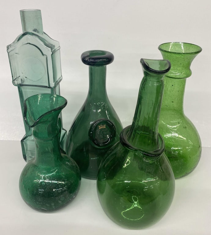Antique Molded Embossed Green Glass Bottles & More (1 of 4)