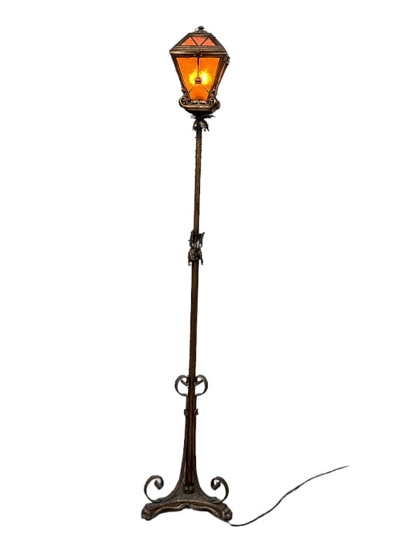 Antique American Wrought Iron Floor Lamp Lantern: Measures approximately 68 inches tall. In working order.