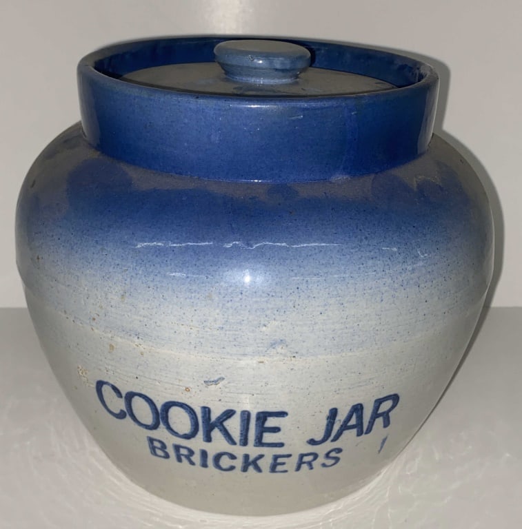 Blue & White Stoneware "BRICKERS COOKIE JAR" (1 of 5)