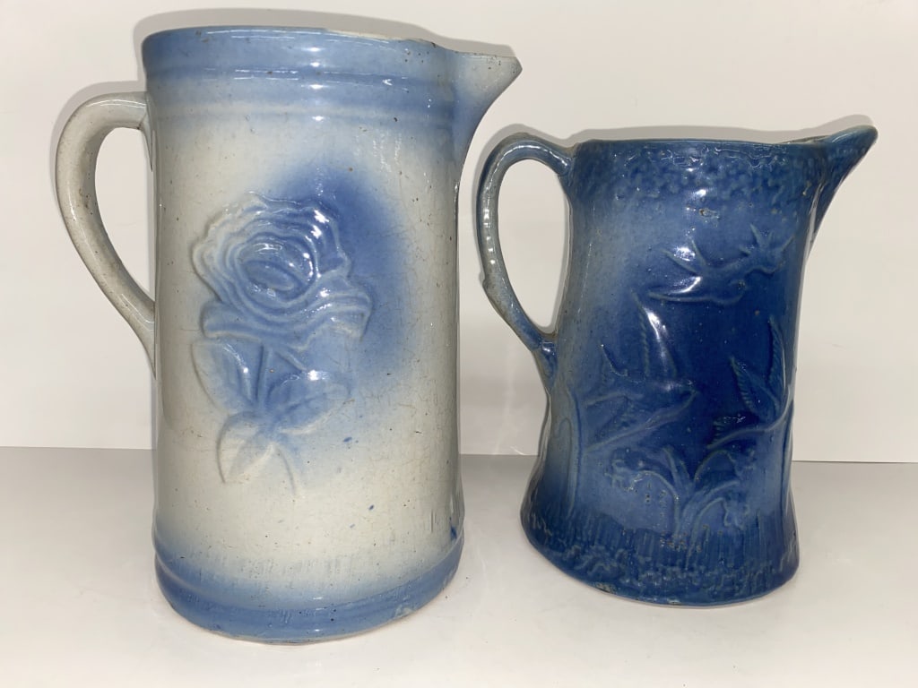 Antique Salt Glazed Blue White Stoneware Pitchers (1 of 7)