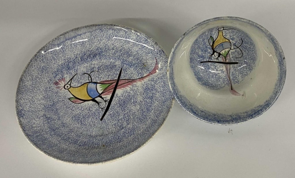 Blue Leeds Spatterware Peafowl Cup & Sauce (1 of 5)