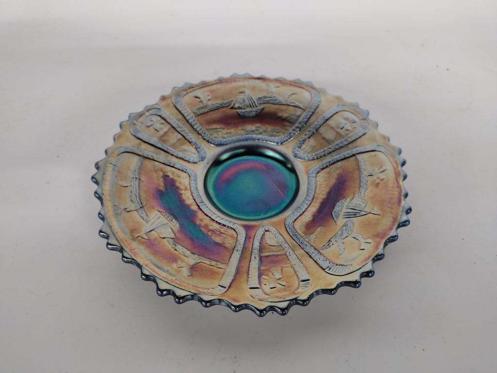 Antique Fenton Sailboat Saucer: Antique Fenton Carnival Glass Sailboat Saucer 6in. Round.