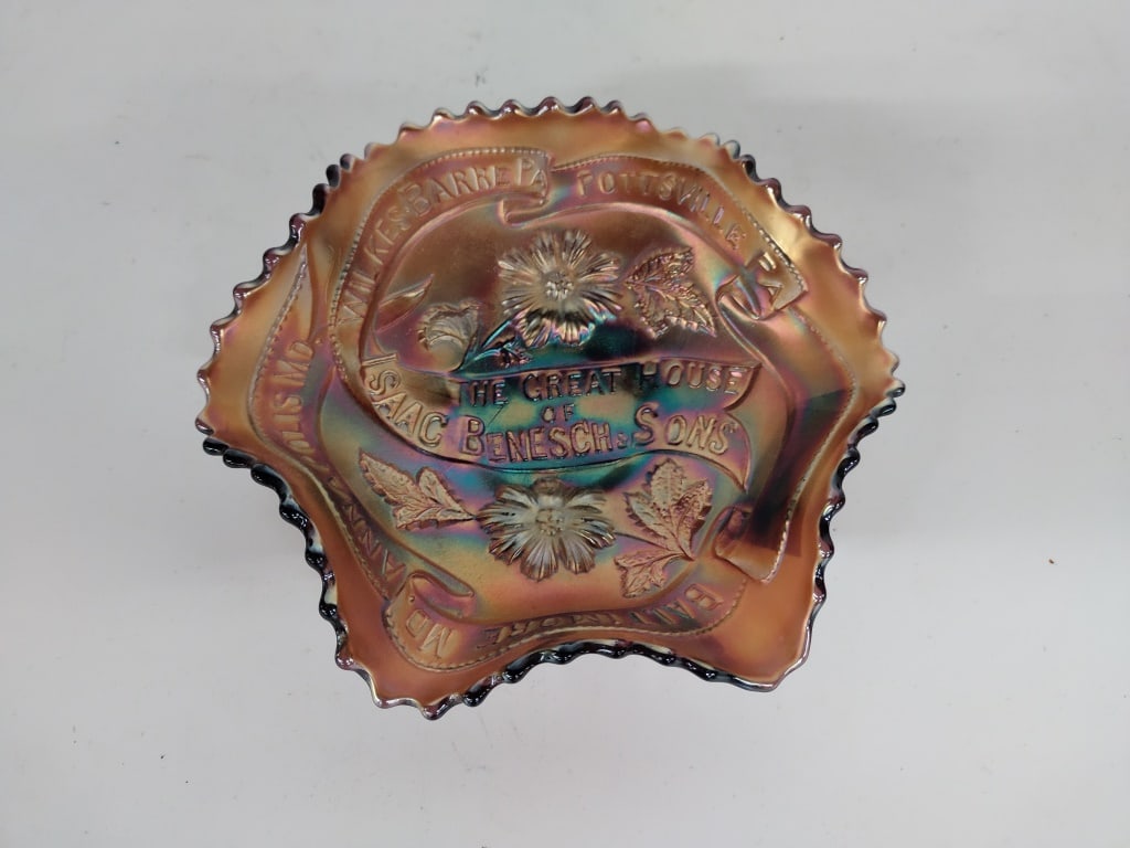 Antique Isaac Benson And Sons Carnival Glass Bowl: Antique Isaac Benson and sons advertising carnival glass bowl. 6in. Dia.