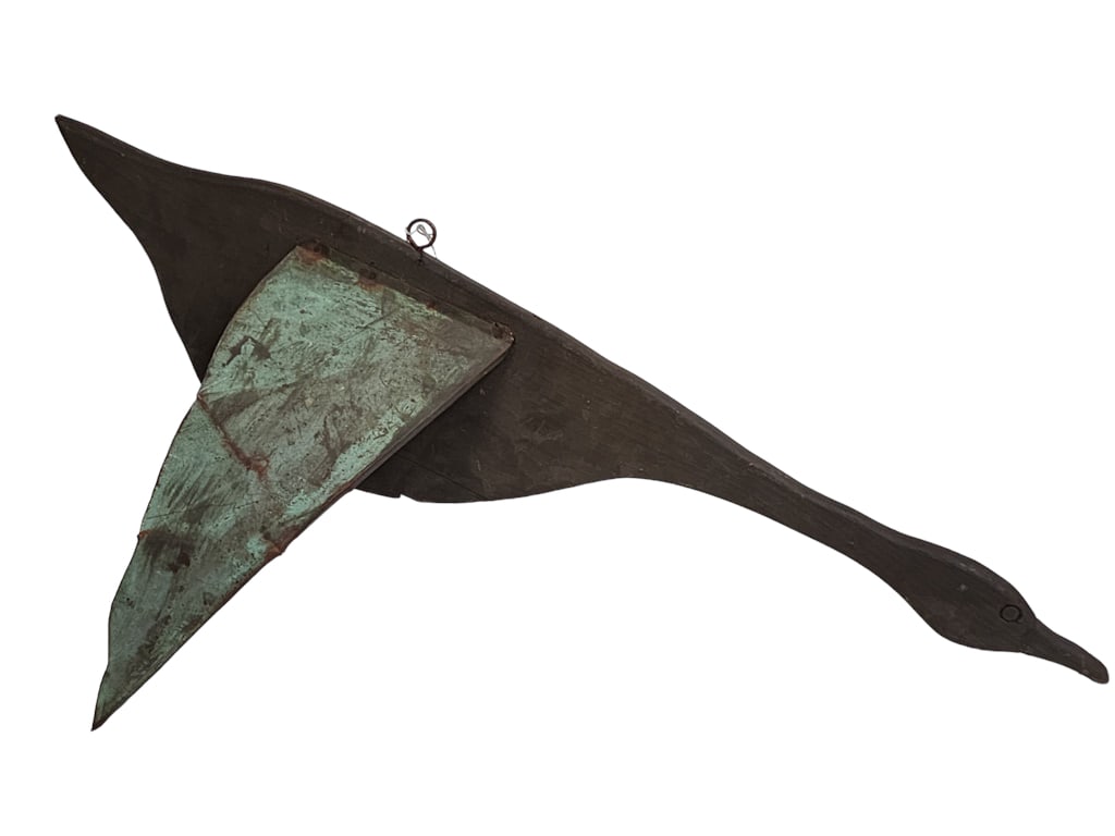 Folk Art Trade Type Sign of a Metal / Wood Goose: Wood type trade sign of a Goose with cut metal tin wings, Hangs from ceiling. Approximately Measures 36Lx12H inches.