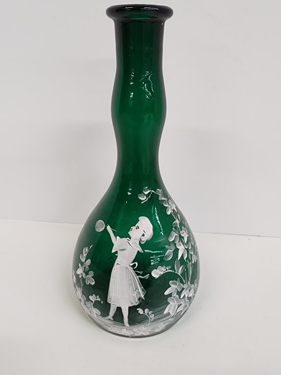 Mary Gregory Green Bottle Glass Antique: 1800's Mary Gregory Enamel Paint decorated on Victorian Glass. Green Bottle Approximately Measures 8 inches
