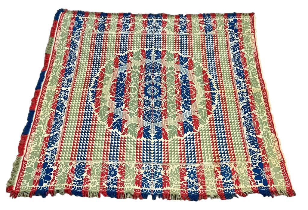 Antique Siefert & Lessig Coverlet Circa 1860: Measures 77 inches x 71 inches