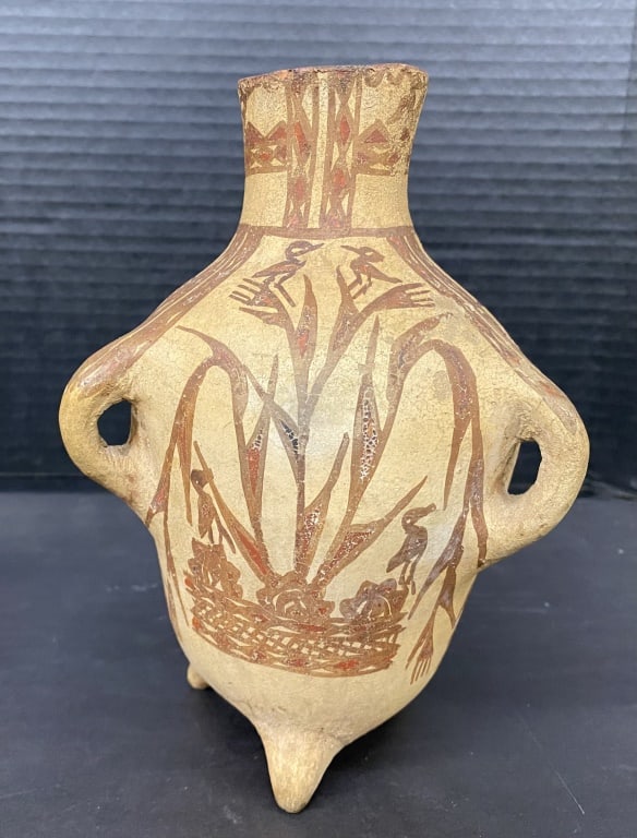 Mexico / Guerrero Water Pot: Tripod feet with all sides hand painted design of birds and leaves. Appr height 7.5 inches