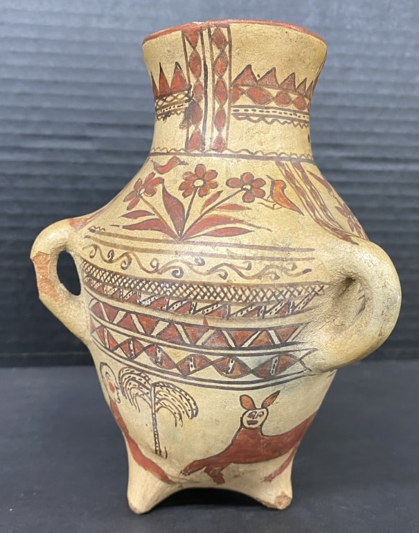 Mexico / Guerrero Water Pot: Tripod pot with drawings of birds, man with donkey and dog. Appr height 6 inches Chip on one foot; substantial chip on one handle