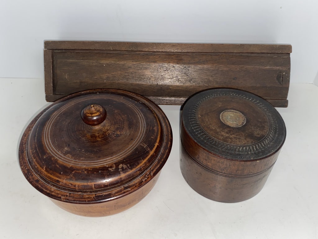 Antique Wood Containers & Box: Includes 2 round wood containers, and sliding cover wood box Measures approx 12x 2in.