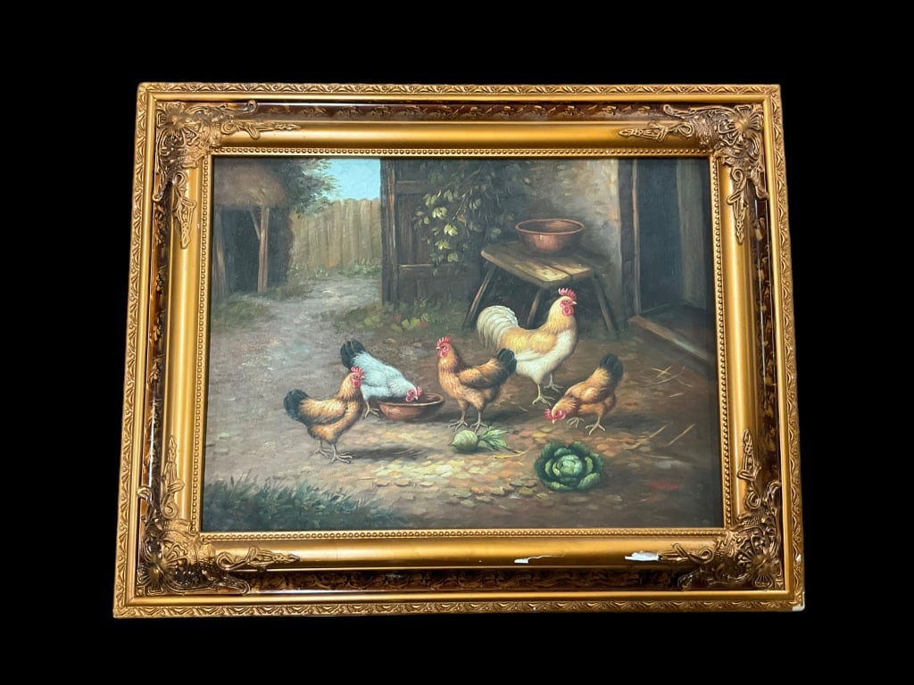 G Roy Oil on Canvas Barnyard Scene (1 of 3)