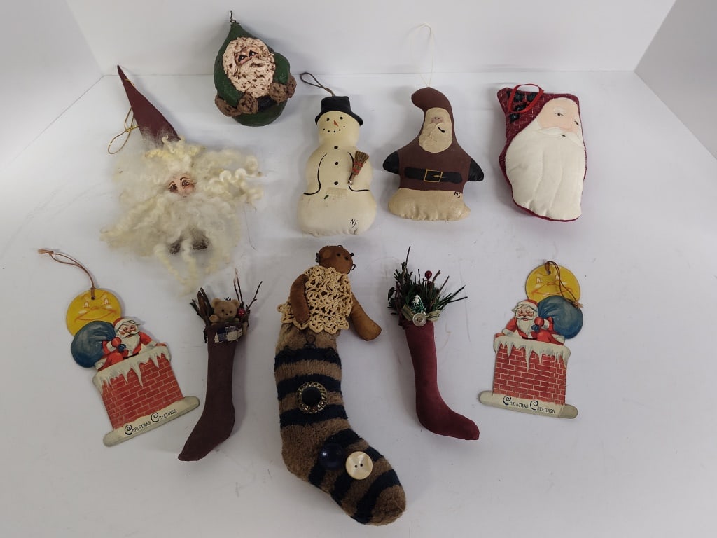 Vintage Primitive Christmas Decoration Grouping: A Grouping of Vintage Christmas decorations. Doll in brown and black stocking is 8in. L