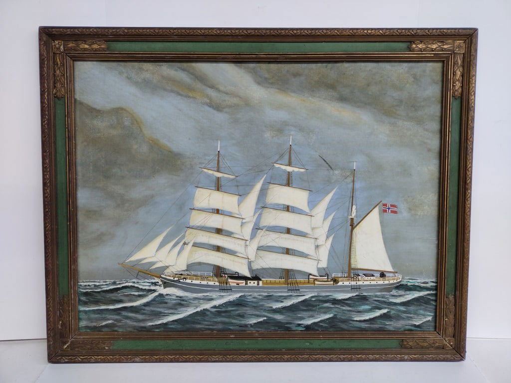 Norwegian Sailing Ship Oil Painting "Urby" 1911: A framed Norwegian Sailing ship Oil painting "URBY" 1911. Painting is 23.5in. W. x 17.5in. H.