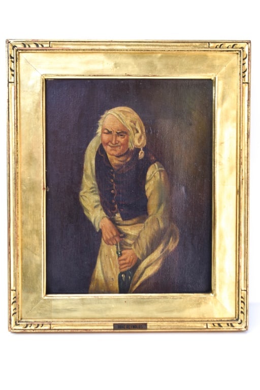 Antique Baroque Rose Reynolds Oil on Canvas: Antique Oil on Canvas, in an age appropriate carved and gilt frame, circa 1880-1900. Retains a paper label on it's reverse. viewable measures: 6.75" x 8.5", small amount of paint loss on left edge, Al