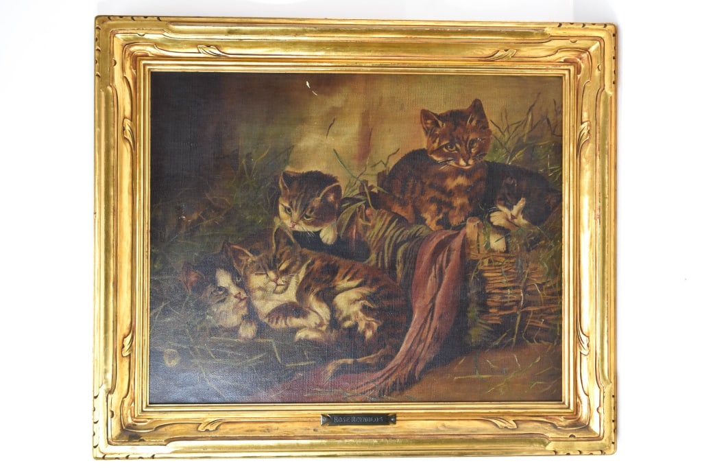 Antique Oil on Canvas Cats at Play: In a carved and gilt frame, continental oil on canvas of (5) cats sleeping and at play, in the manner of Ben Austrian. Viewable measures approx. 19.25" x 15.25", circa 1880-1900. Minor paint chipping 