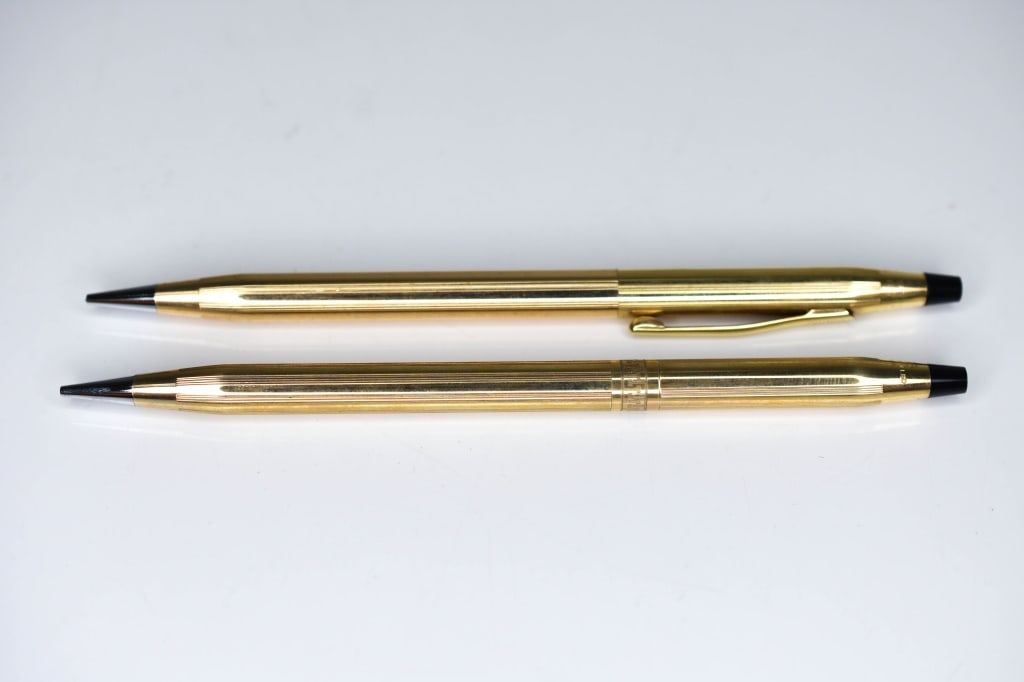 Cross10kt Gold Filled Mechanical Pencils: Includes: (1) Vintage Cross 10k Gold Filled Mechanical Pencil with repeating pattern, (1) Cross 10kt Gold Filled Mechanical Pen monogrammed "Air Products",