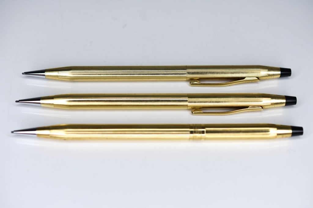 Cross 10kt & 12kt Gold Filled Mechanical Pencils: Includes: (1) 1 pencil is a no clip model and has repeating band pattern. (1) pencil is monogrammed "WLS". (1) 12k pencil is monogrammed "Englehard" (1)