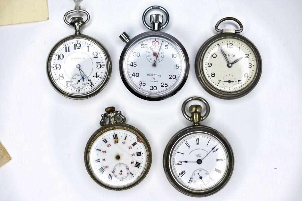 Antique Pocket Watchs: Includes: (1) Swiss unmarked silver style case having an open face, an ornate engraved back plate, inside cover "Depose" with trademark", the movement is unmarked. The enamel dial having red and gilt
