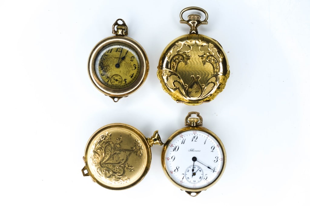 Antique Ladies Gold Filled Pocket Watches: Includes: (1) Elgin gold filled two tone and textured intricately chased design case with small scene of home among trees on a mountain side and is monogrammed on opposite cover, movement National Elg