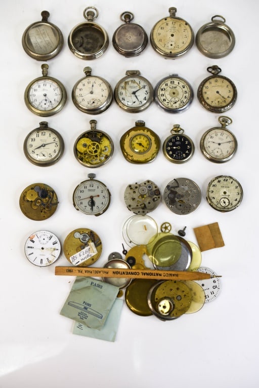Antique / Vintage Pocket Watches & Parts: Includes: 22 complete and incomplete watches, PA 503 Westclox crystal, Ingersoll Eclipse Dial, a few watch hands, NAWCC pen, some are missing watch movements, cases, covers, crystals, and dials, there